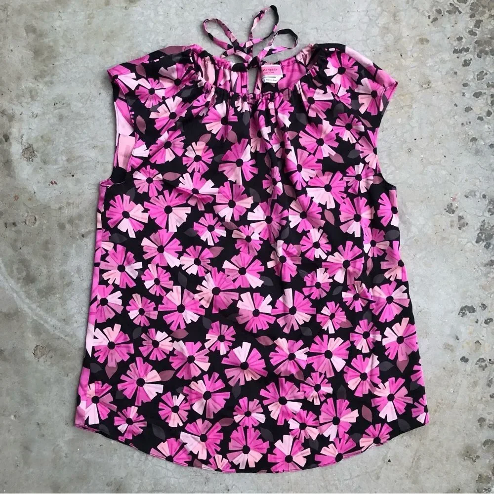Kate Spade Wallflower Tie Neck Blouse Top Shell Pink Black Floral Printed S